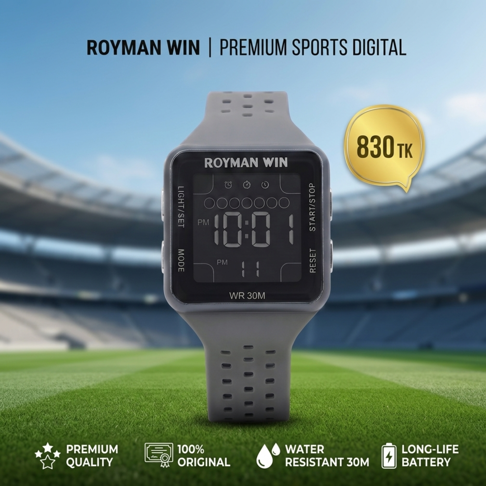 Royman Win men's grey digital watch with rectangular display