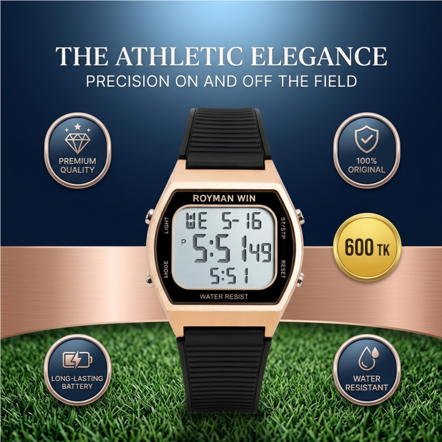 Royman Win Men's Digital Watch Rose Gold Case Black Strap