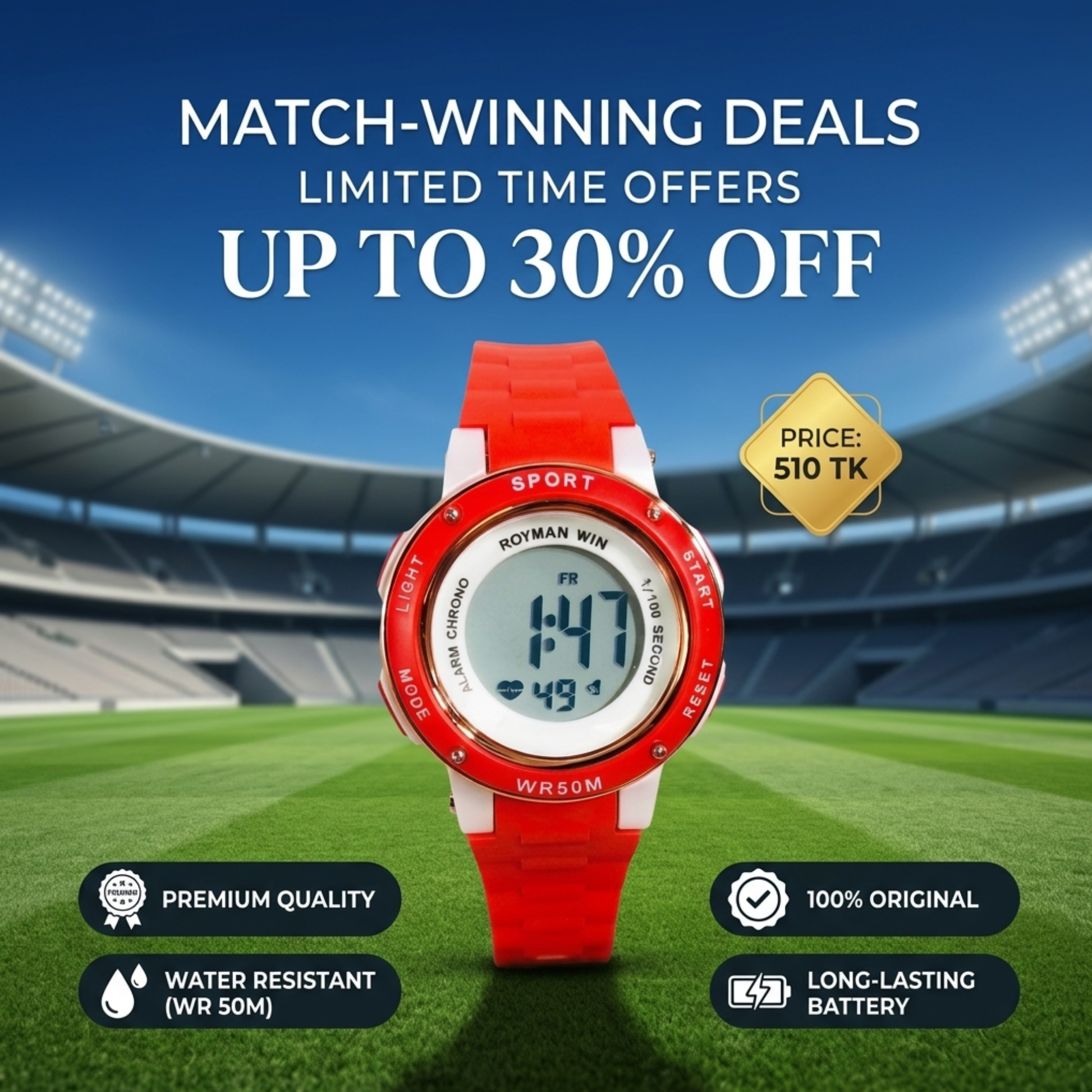 RoymanWinSportDigitalWatch_RedSiliconeStrapWR50M_R