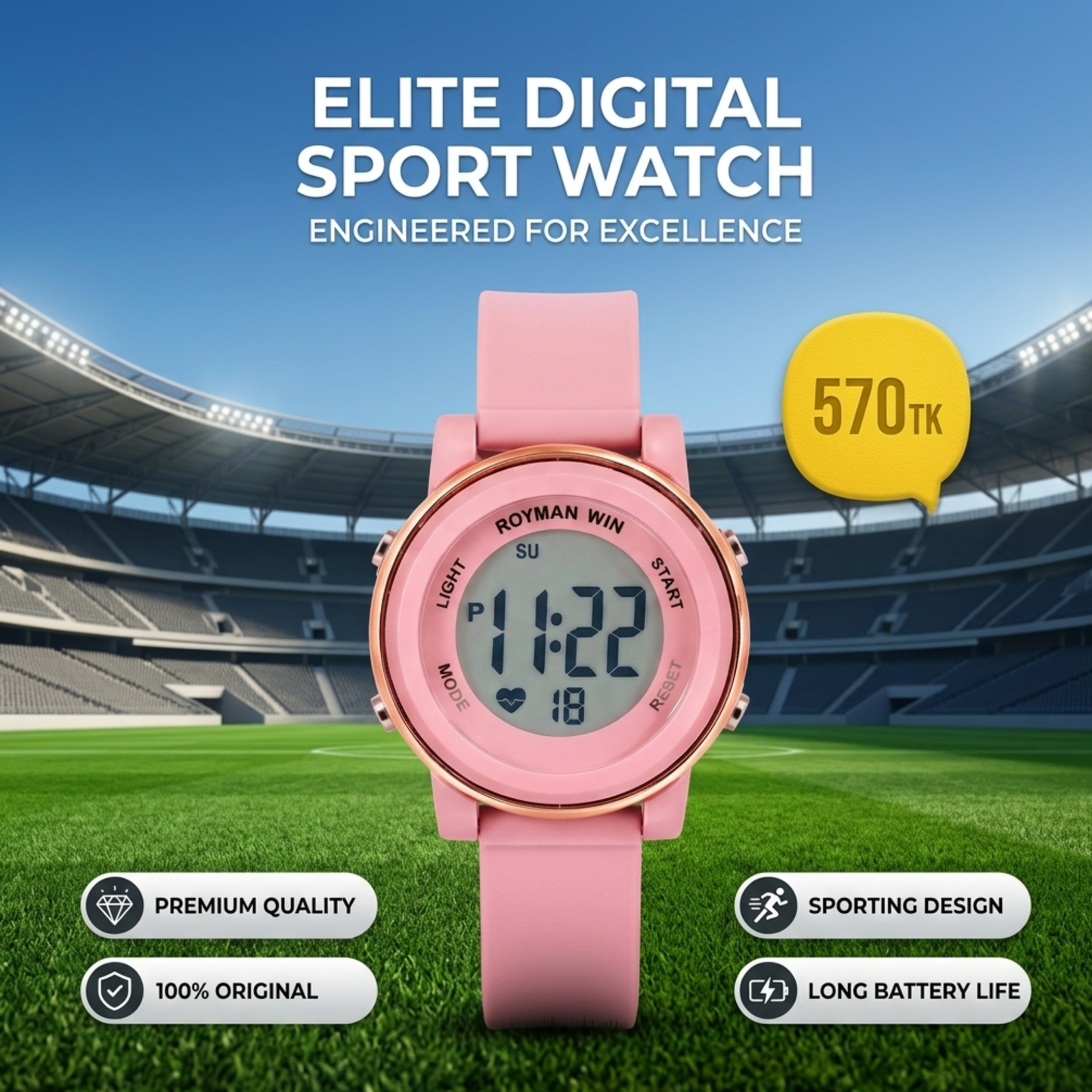Royman Win Women's Digital Watch – Pink Round Dial Design