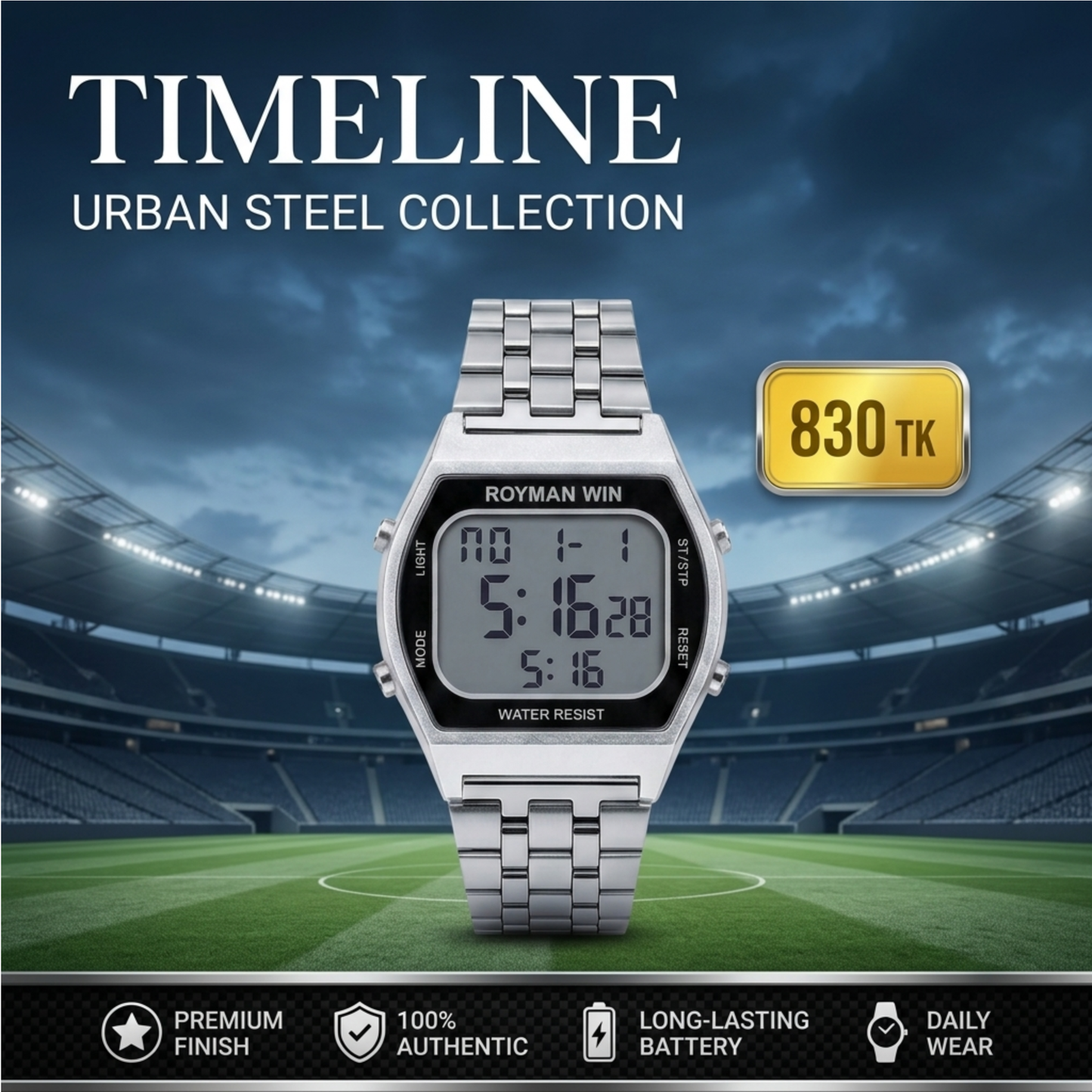 Royman Win ladies silver digital wrist watch with metal strap