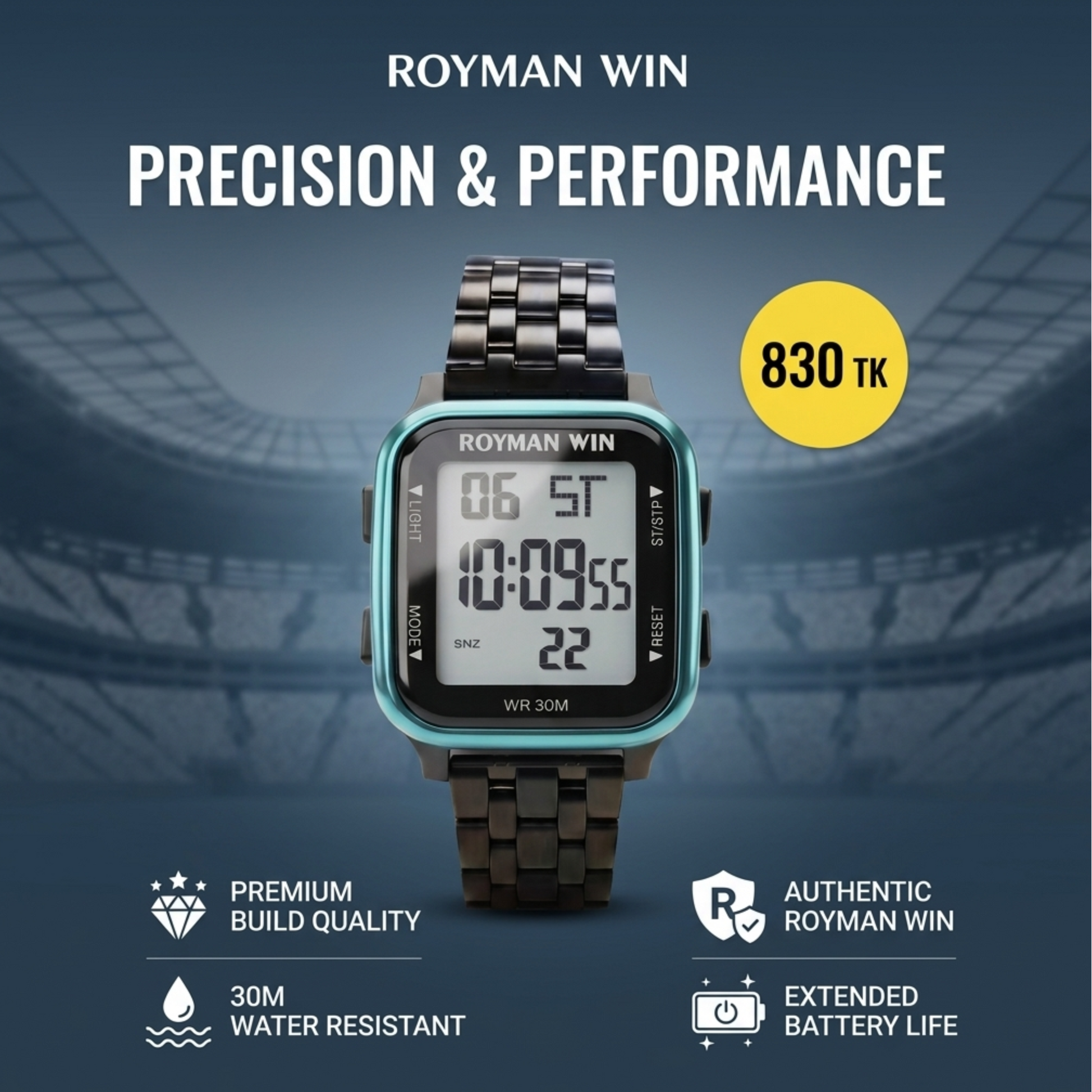 Royman Win men's square digital stainless steel wrist watch with black metal strap and blue bezel