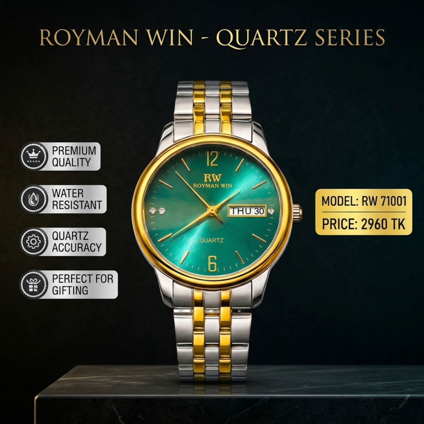 Royman Win RW 71001 analog quartz wristwatch with green dial, gold-tone round case, and silver gold metal bracelet.