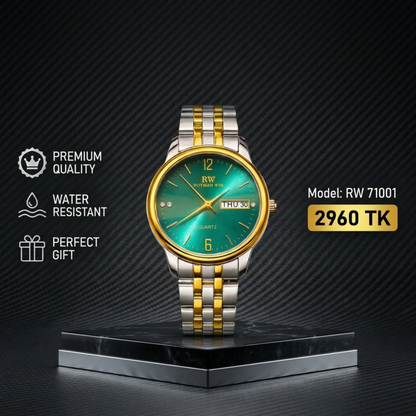 Royman Win RW 71001 analog quartz wristwatch with green dial, gold-tone round case, and silver gold metal bracelet.