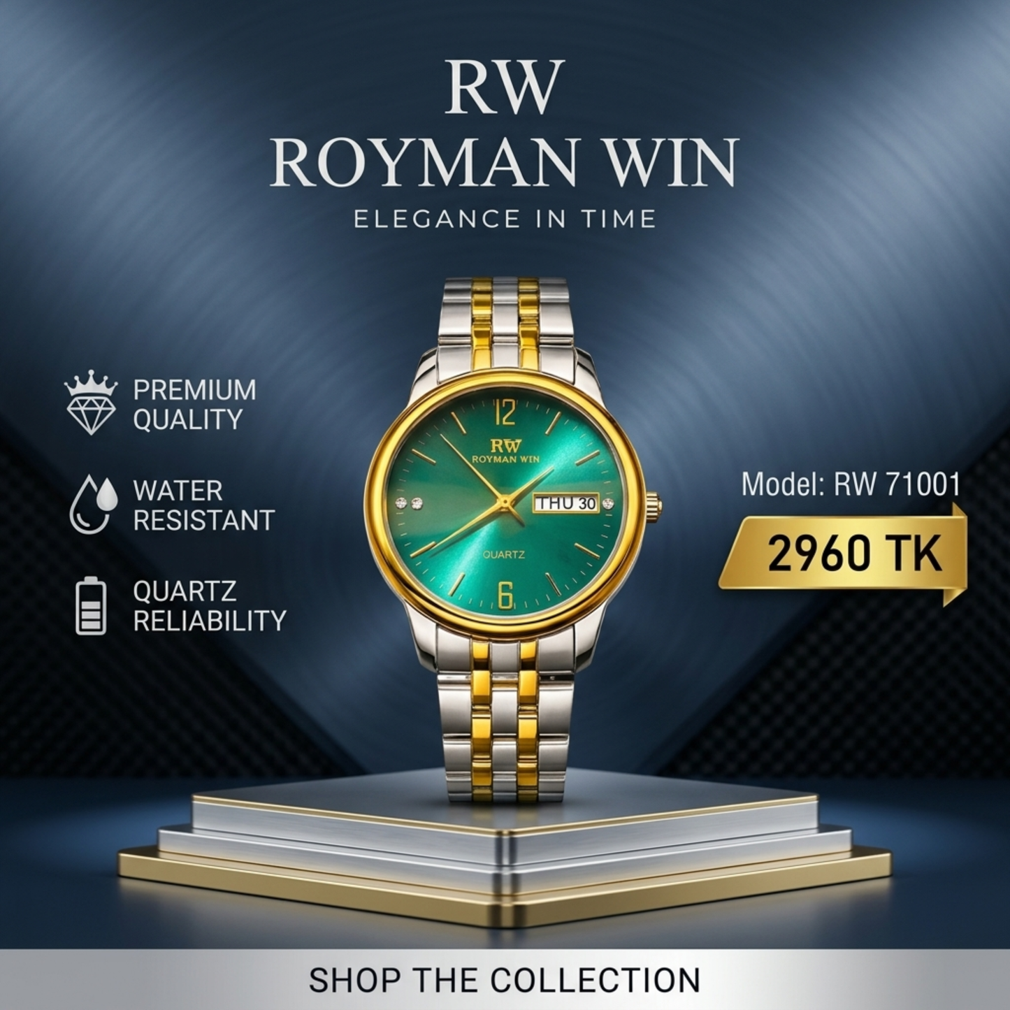 Royman Win RW 71001 analog quartz wristwatch with green dial, gold-tone round case, and silver gold metal bracelet.