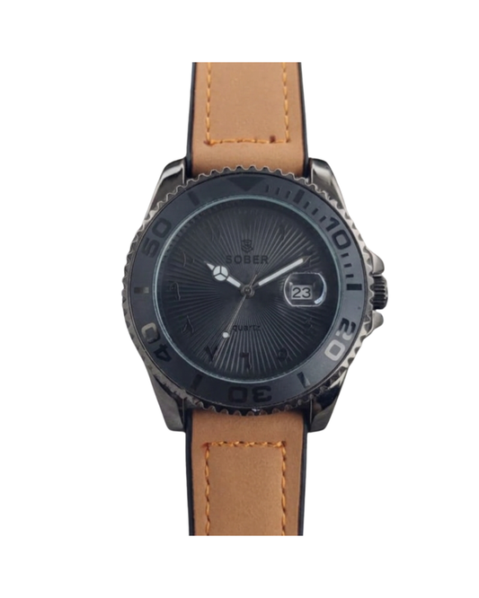 Sober Brown Men's Watch with Arabic Numerals and Tan Leather Strap