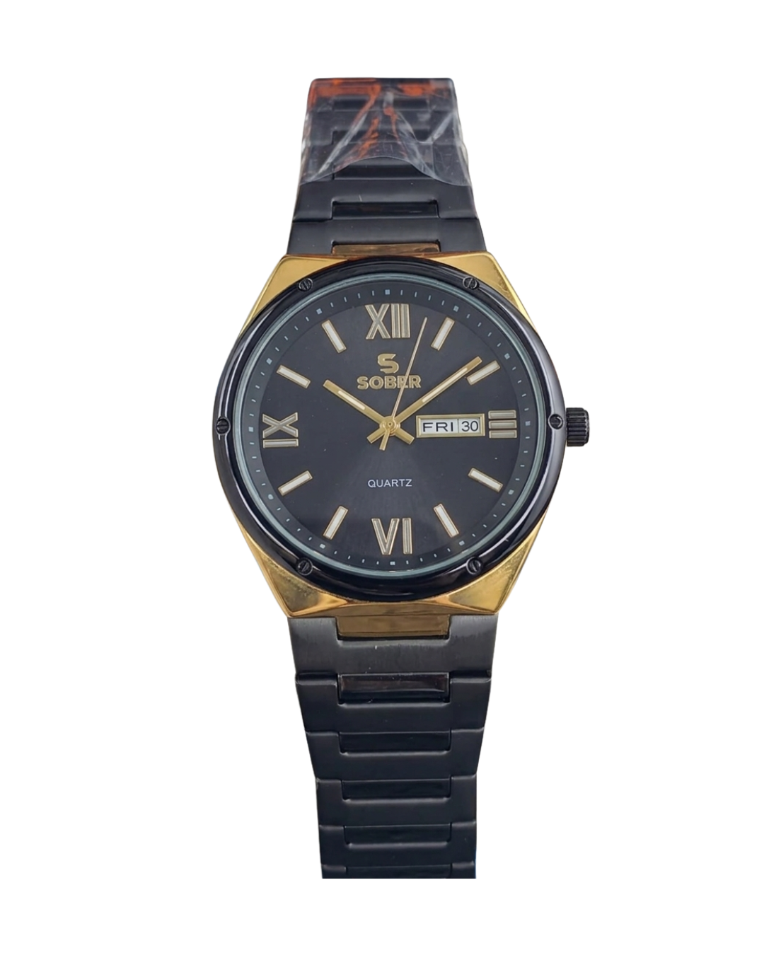 Sober Circular Series Quartz Analog Golden Black Watch with Calendar