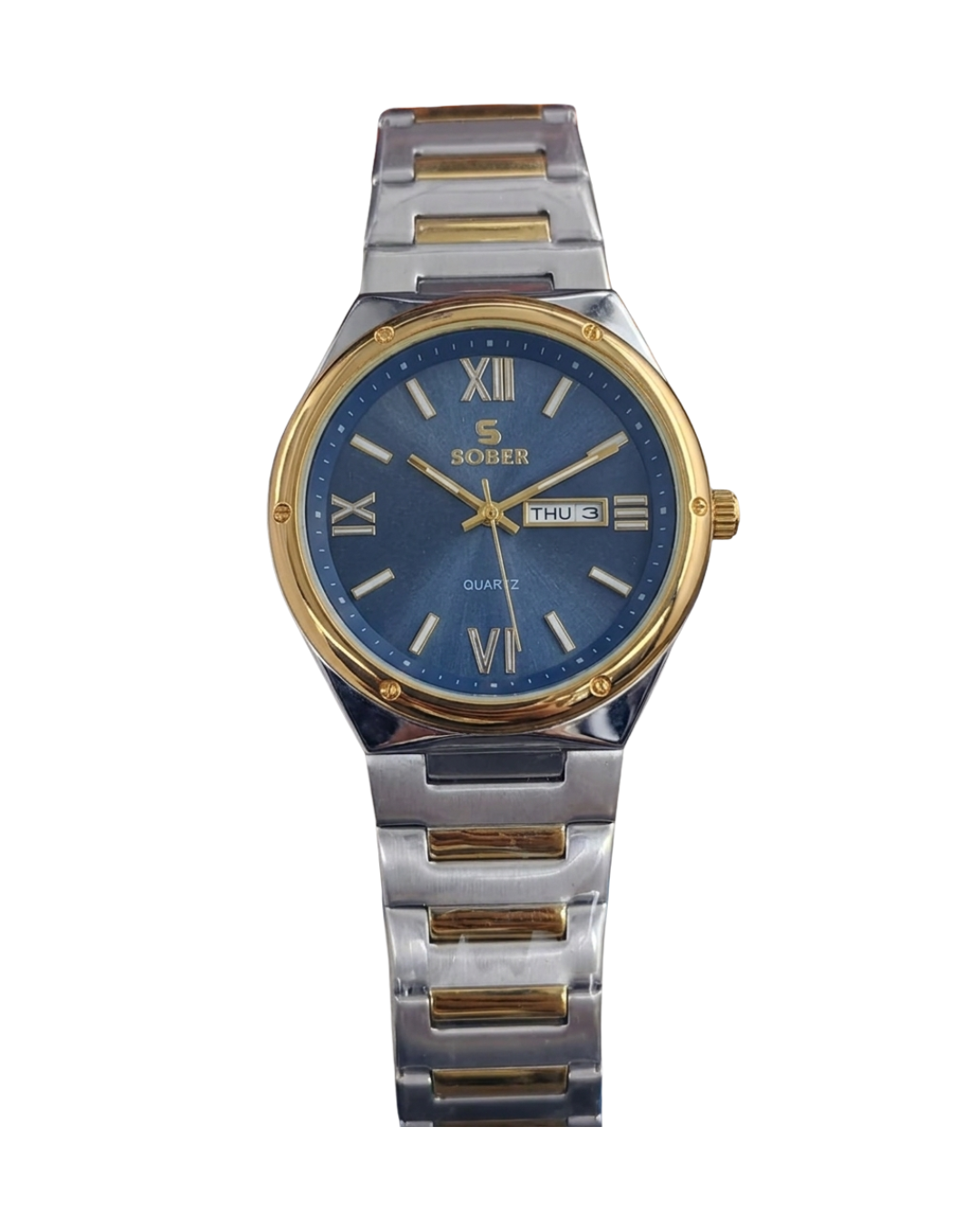 Sober Circular Series Quartz Analog Silver Blue Watch with Calendar