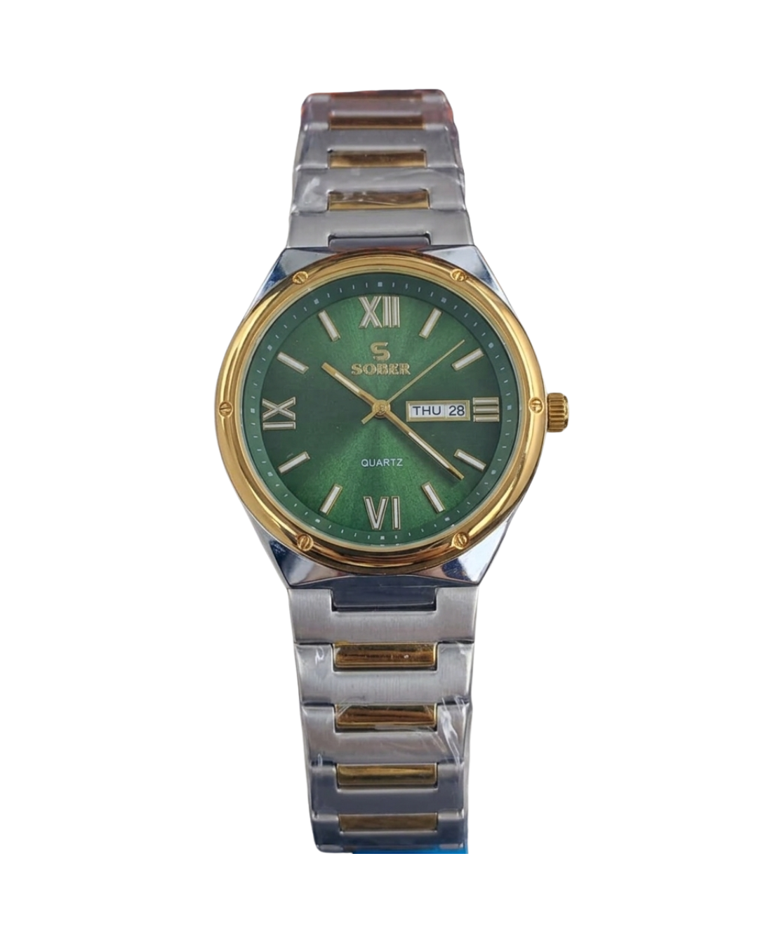 Sober Circular Series Quartz Analog Golden Green Watch with Calendar