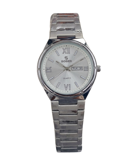 Sober Circular Series Quartz Analog Silver White Watch with Calendar