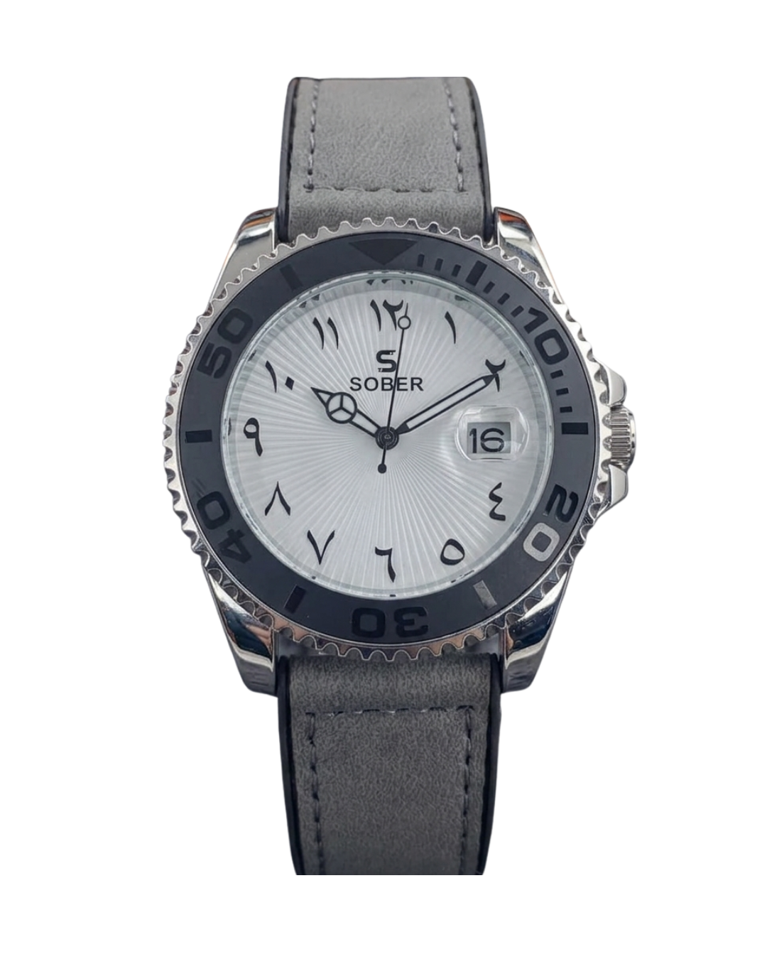 Sober Gray Men's Watch with Arabic Numerals and Tan Leather Strap