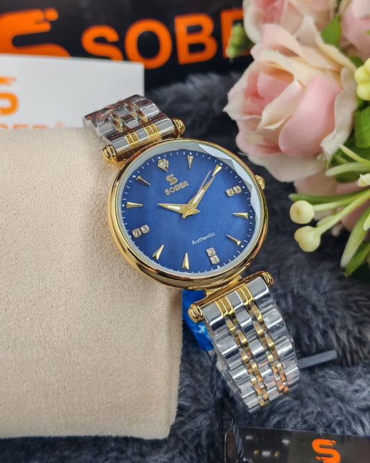 Sober Ladies Circular Watch with Blue Dial and Gold Case