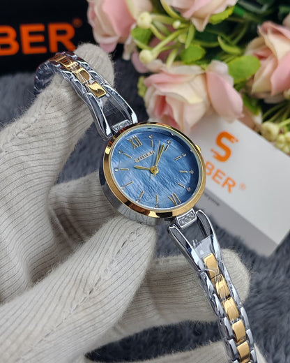Sober Ladies Circular Watch with Premium Golden Blue Watch