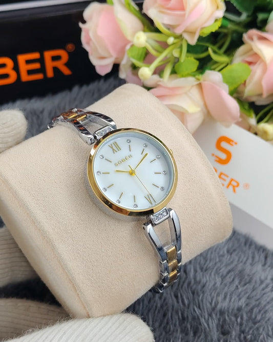 Sober Ladies Circular Watch with Premium White Watch