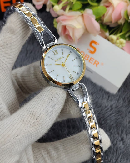 Sober Ladies Circular Watch with Premium White Watch