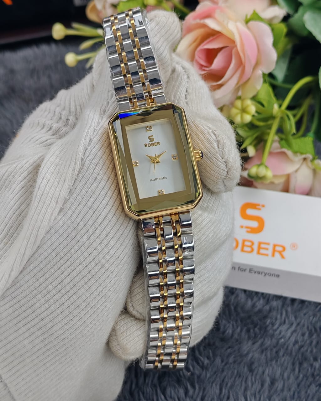 Sober Ladies Rectangular Watch with Premium Golden White