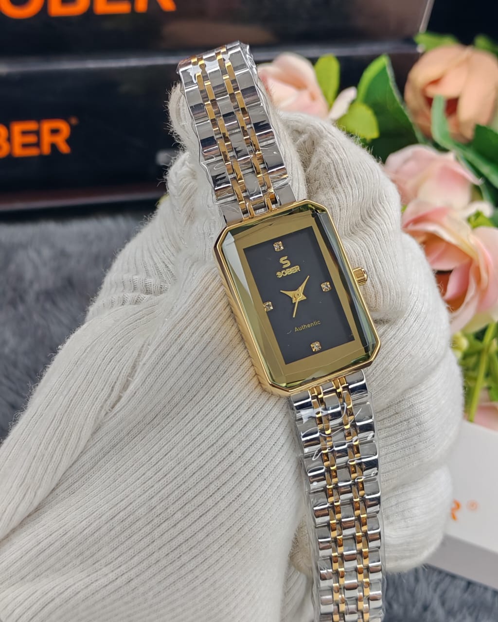 Sober Ladies Rectangular Watch with Premium Silver Gray