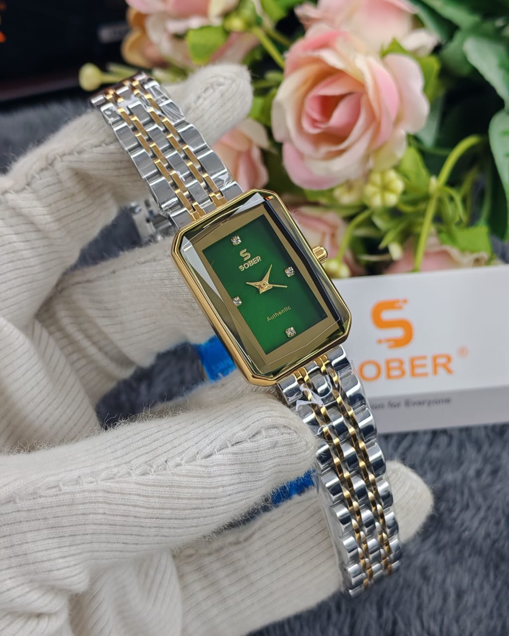 Sober Ladies Rectangular Watch with Premium Silver Green