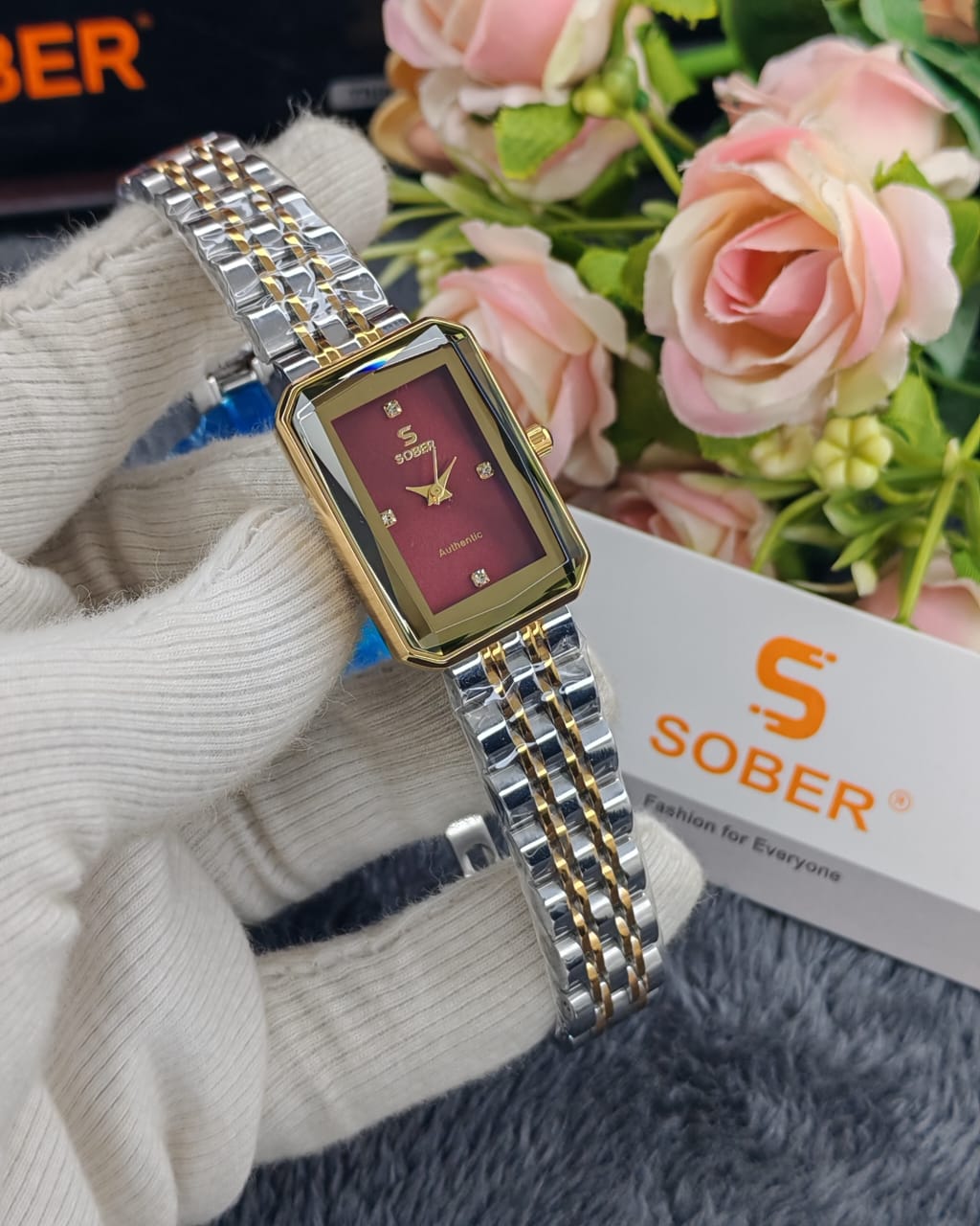 Sober Ladies Rectangular Watch with Premium Wine Red