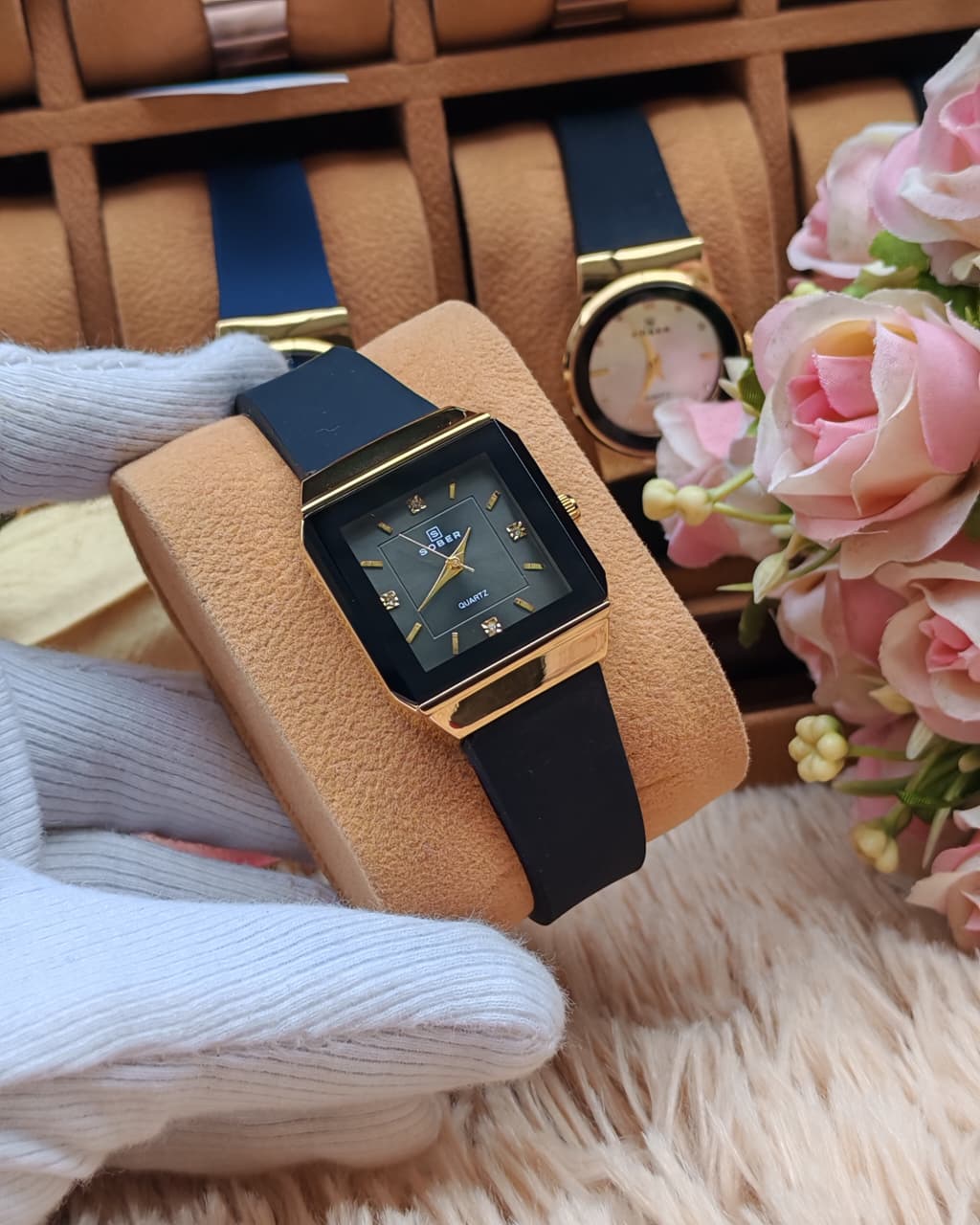 Sober Ladies Square Watch with Premium Black Silicone Strap
