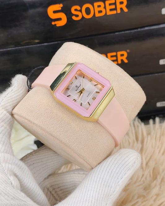 Sober Ladies Square Watch with Premium Pink Silicone Strap