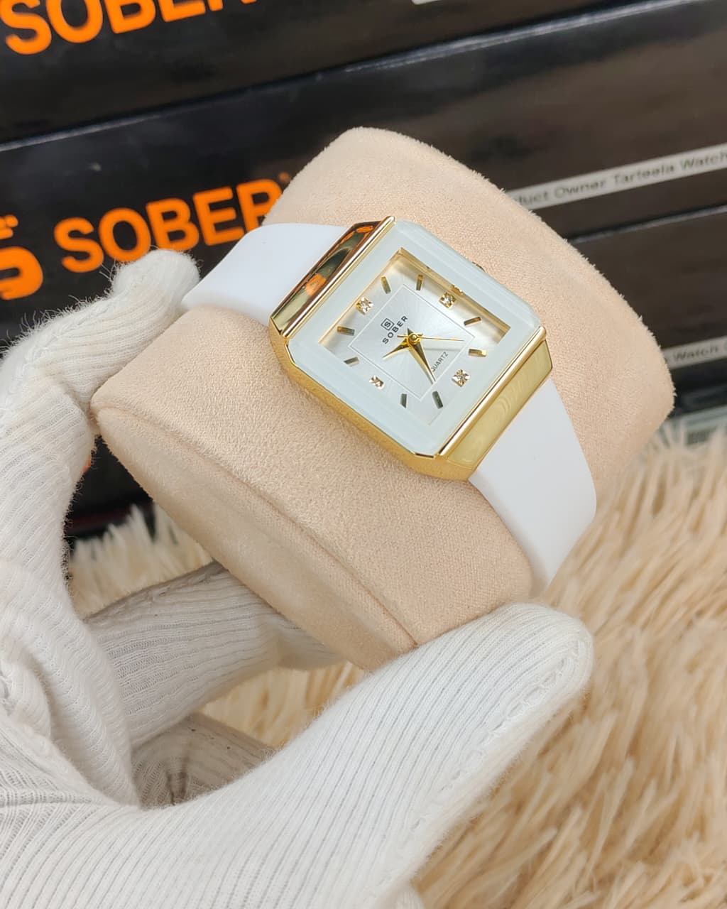 Sober Ladies Square Watch with Premium White Silicone Strap