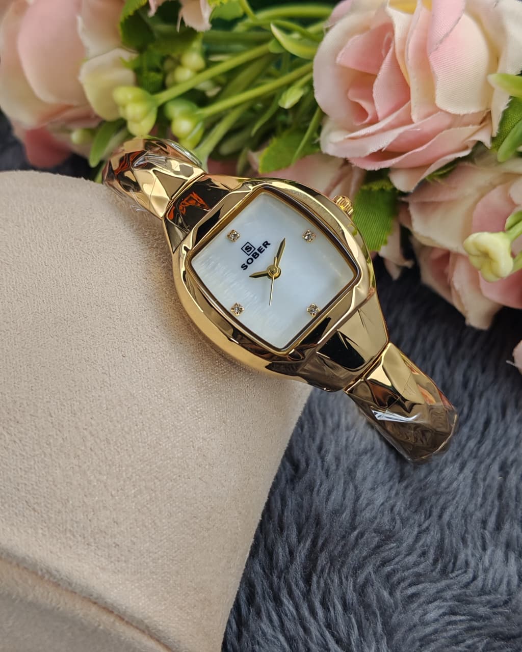 Sober Ladies Tonneau Barrel Shaped Watch in Premium Golden White Finish