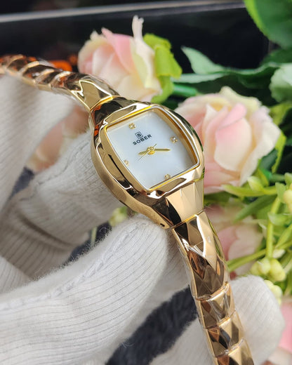 Sober Ladies Tonneau Barrel Shaped Watch in Premium Golden White Finish