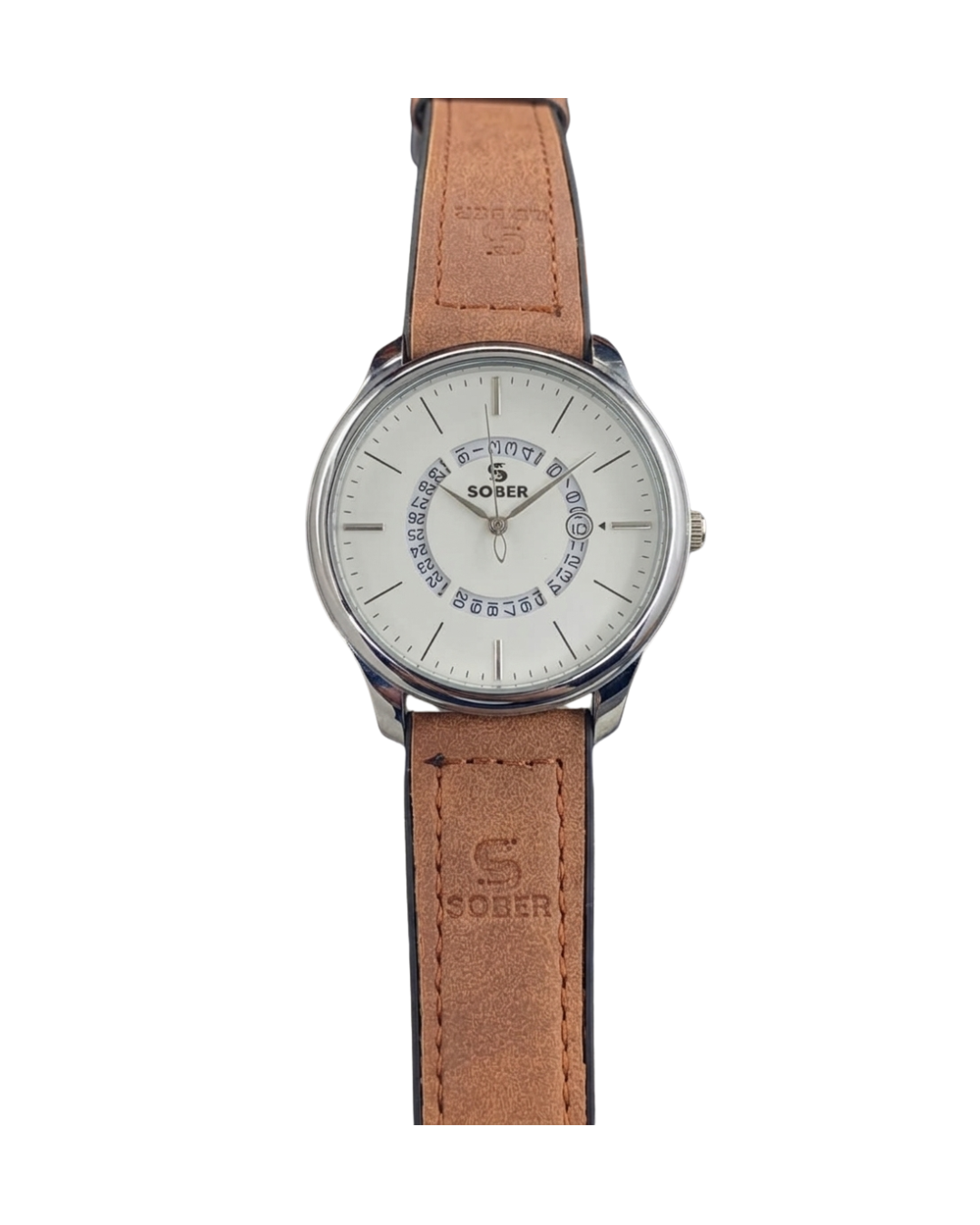 Sober Men's Leather Strap Light Warm Gray Watch with Date Display