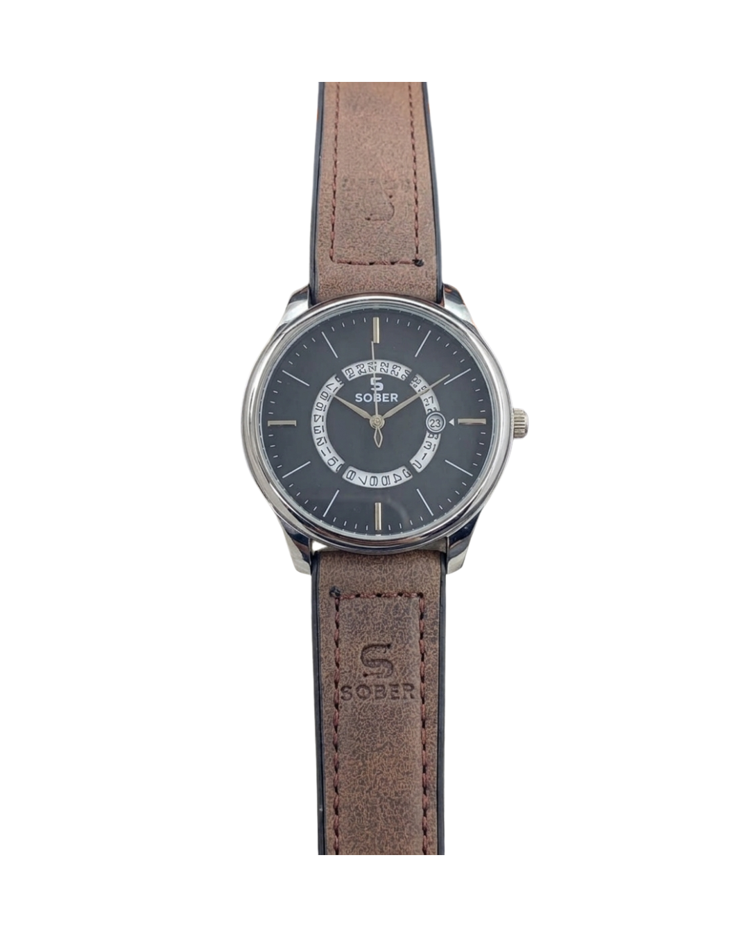 Sober Men's Leather Strap Slate Gray Watch with Date Display