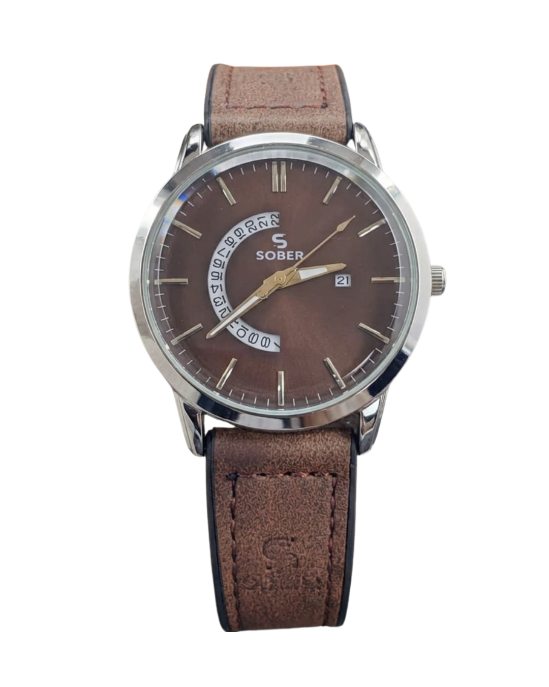 Sober Men's Meridian Leather Coffee Watch with Half Circular Date
