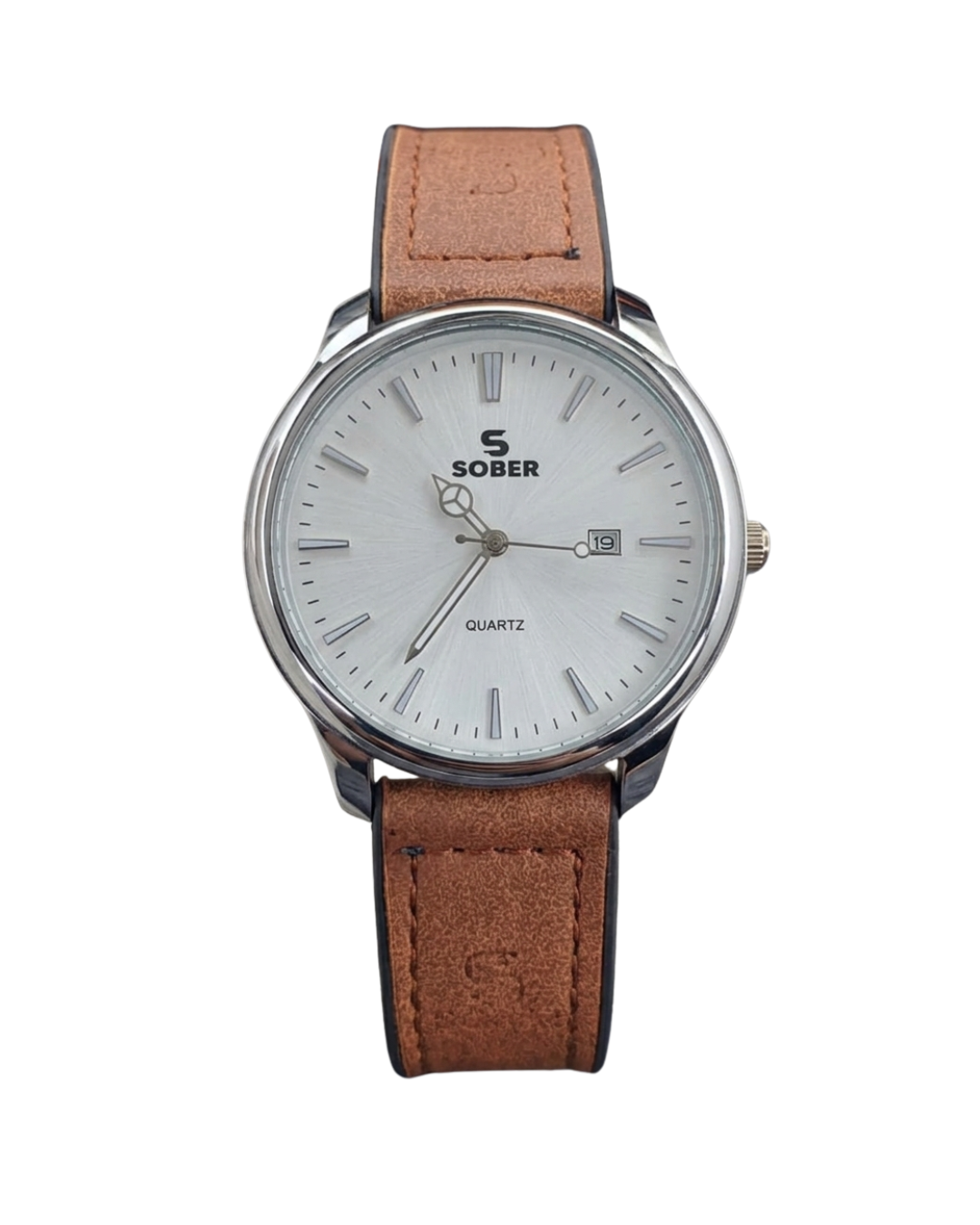 Sober Men's Modernist Leather Strap Brown Watch with Date