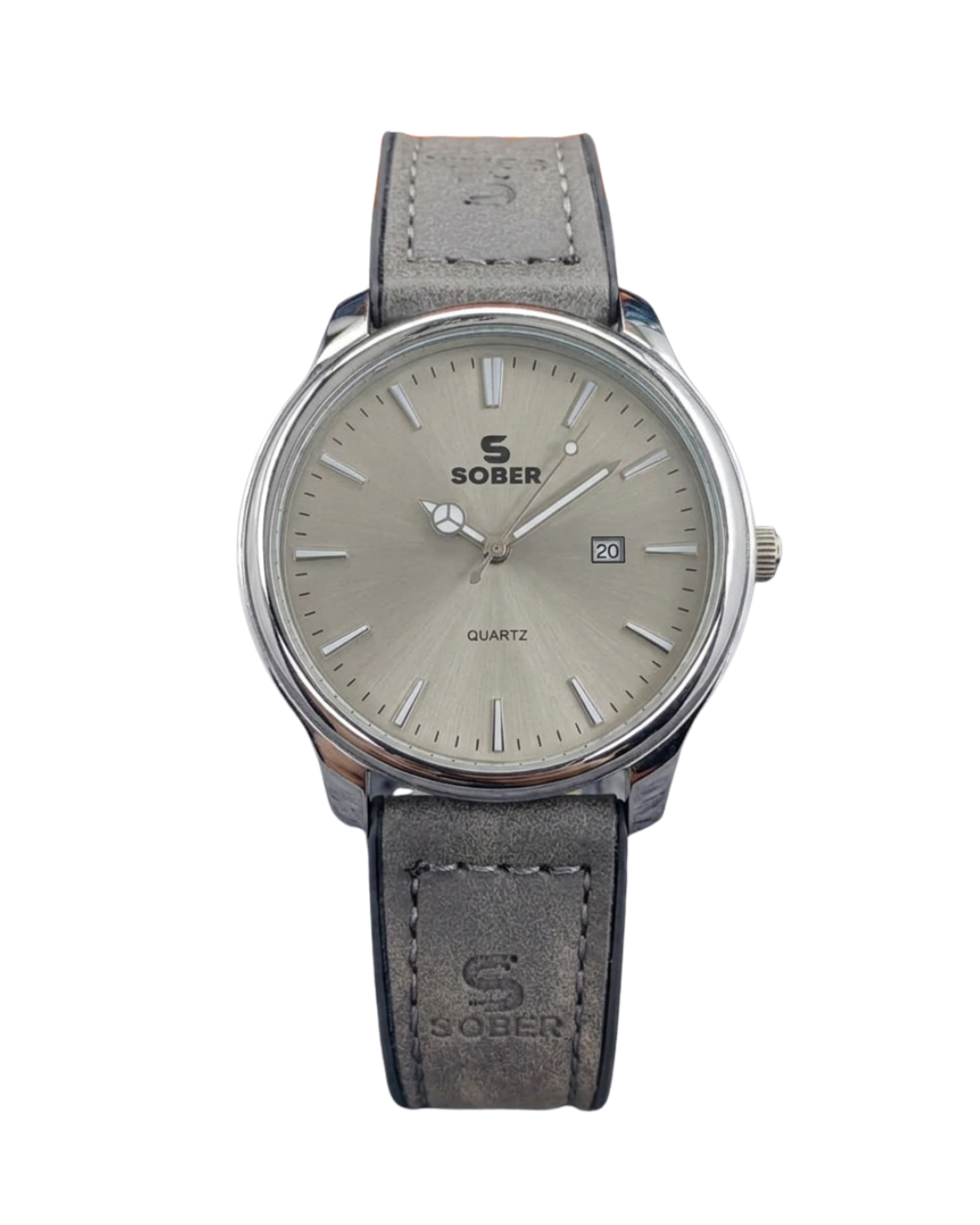 Sober Men's Modernist Leather Strap Gray Watch with Date