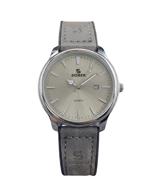 Sober Men's Modernist Leather Strap Gray Watch with Date