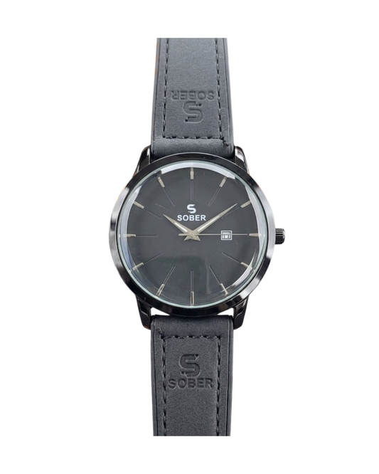 Sober Men's Navigator Leather Strap Charcoal Gray Watch with Date