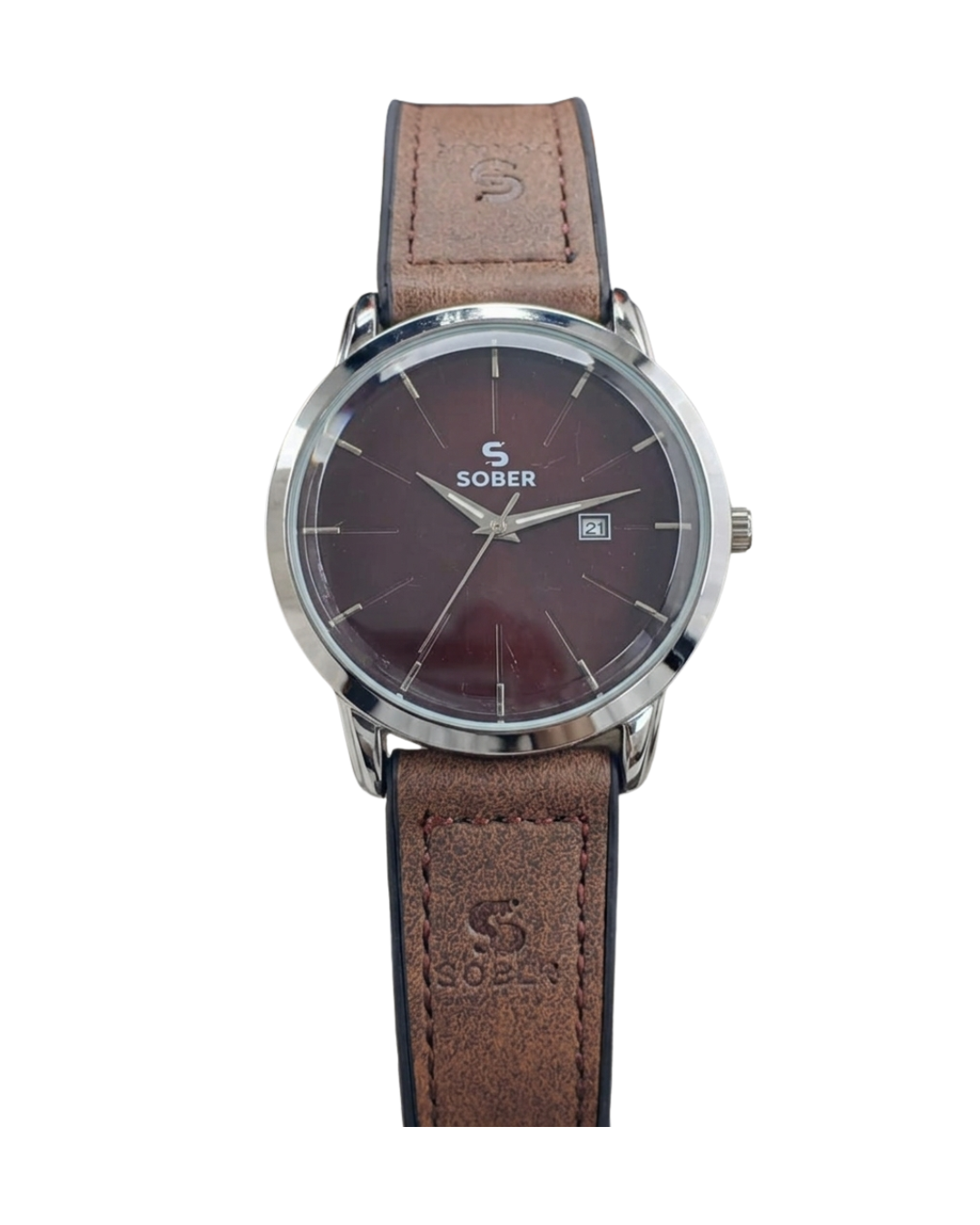 Sober Men's Navigator Leather Strap Plum Brown Watch with Date