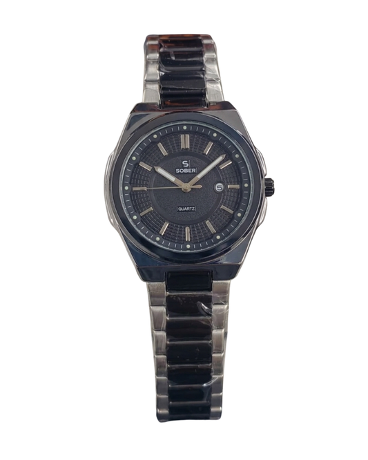 Sober Men's Silver Black Stainless Steel Date Watch