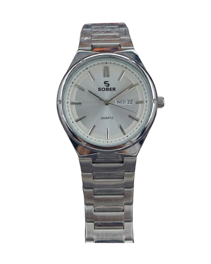 Sober Men's Silver White Stainless Steel Day Date Analog Watch