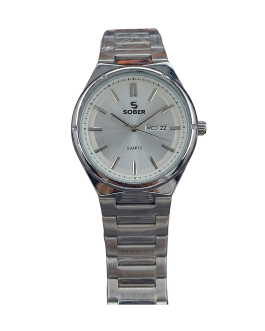 Sober Men's Silver White Stainless Steel Day Date Analog Watch