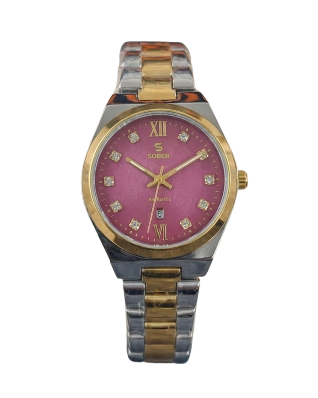Sober Silver Pink White Women's Authentic Diamond Hour Marker Watch