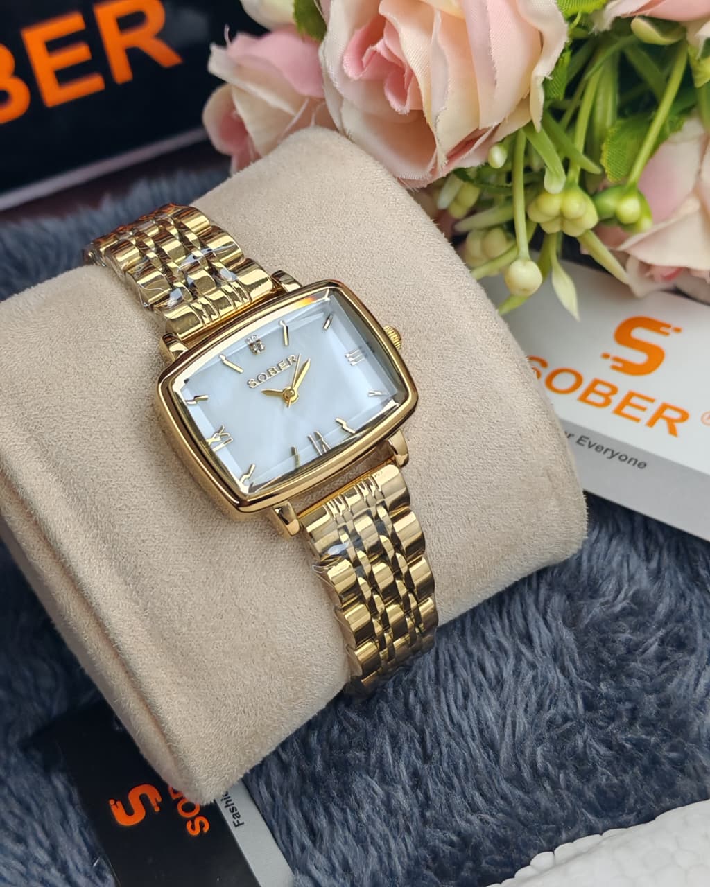 Sober Women's Rectangular Premium Golden White Chain Watch