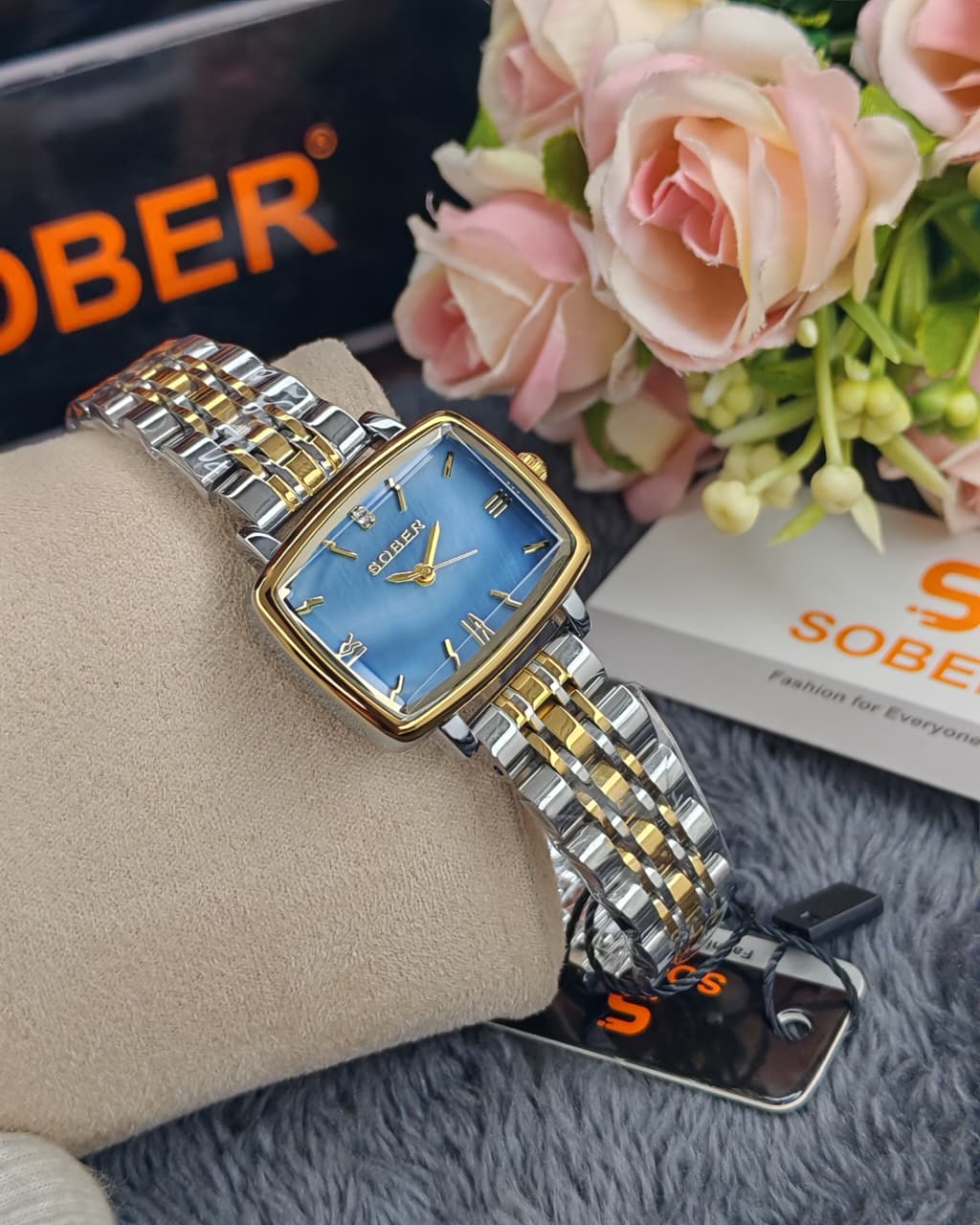 Sober Women's Rectangular Premium Silver Blue Chain Watch