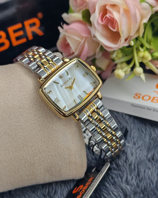 Sober Women's Rectangular Premium Silver White Chain Watch