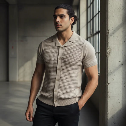 Stone Relaxed Textured Knit Bowling Shirt 1