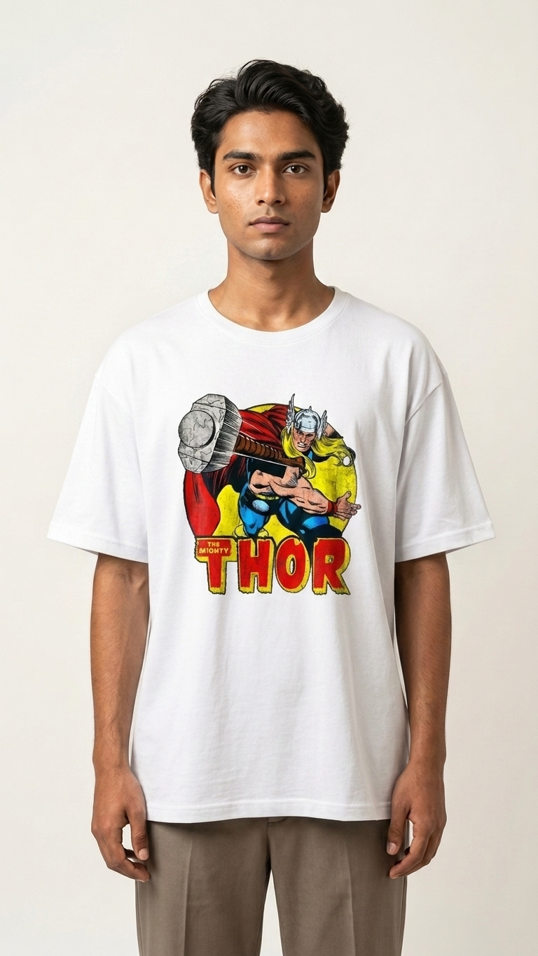 white T-shirt featuring vintage Marvel Thor comic artwork with a large front-center graphic print.