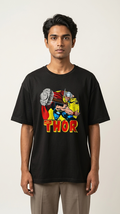 Black T-shirt featuring vintage Marvel Thor comic artwork with a large front-center graphic print.