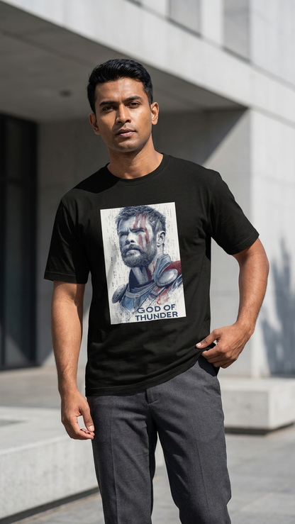 Black T-shirt featuring vintage Marvel Thor comic artwork with a large front-center graphic print.