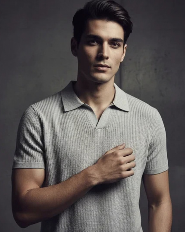 Grey - Ribbed Polo Tshirt