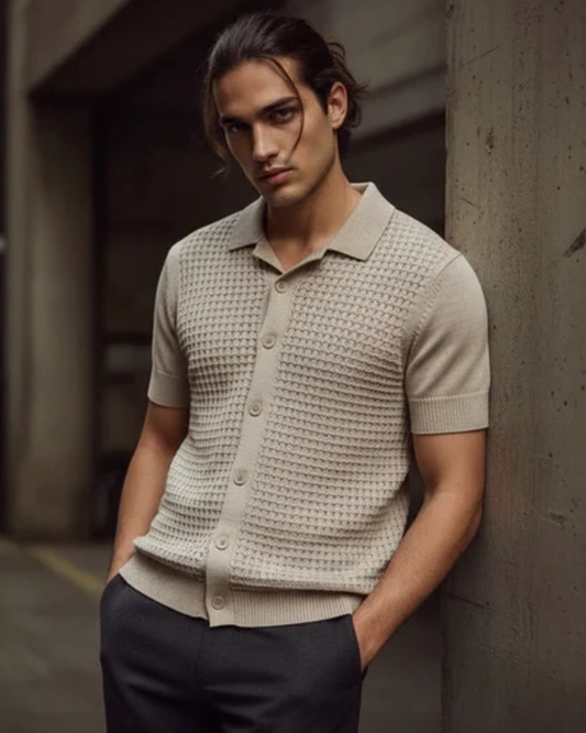 Stone Relaxed Textured Knit Bowling Shirt