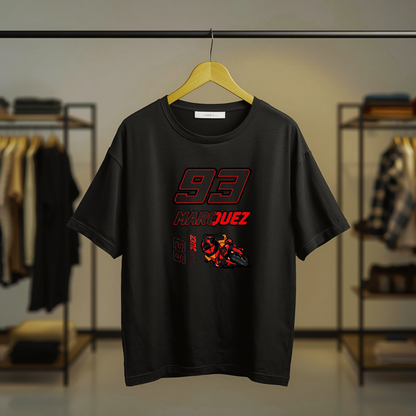 Black MotoGP motorcycle racing graphic T-shirt with racing numbers and motorcycle-inspired artwork on the front